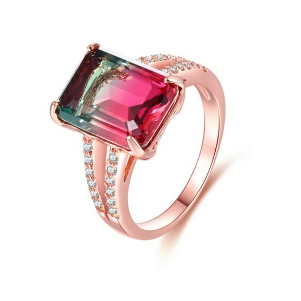🍉Rose Gold Emerald Cut Watermelon Tourmaline Ring